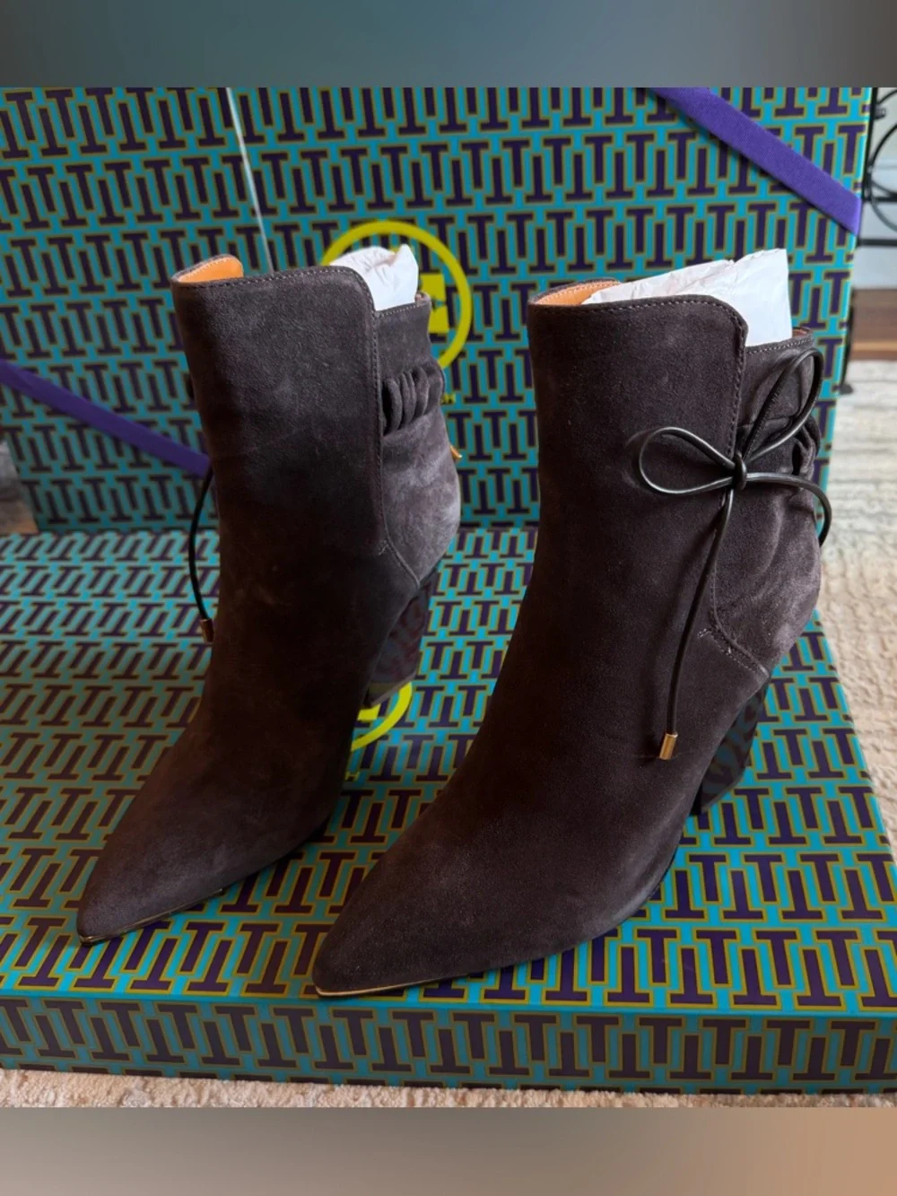 Tory Burch Lila Dark Gray Suede Ankle Bootie